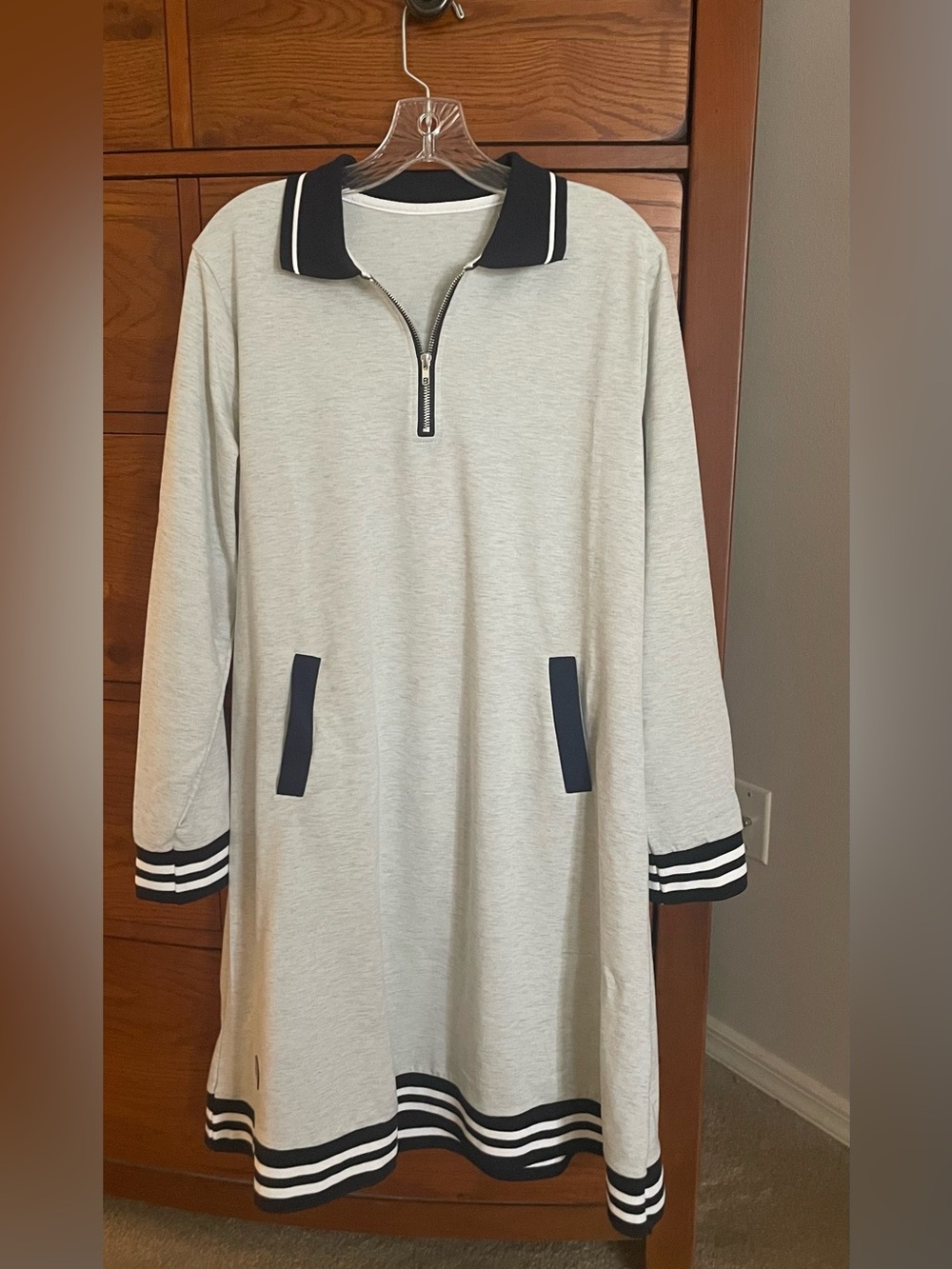 Light Gray Midi Polo Dress with Navy Trim
